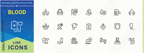 Blood icon. It contains symbols to health, volunteer, donor, heart, medical, care and more. Blood Donation icon set. UI icons set in a thin style. Editable vector art and illustration.