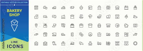 Bakery Shop vector line icon set. Contains such icons as baker, food, cook, croissant, pie. Set of line pictogram. Bake icon set. Editable vector art and illustration.