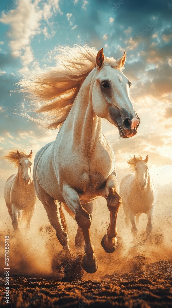 Obraz premium Wild white horses charging across a dusty landscape at sunset with dramatic skies