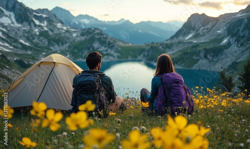 Couple Enjoying Peaceful Moment by Lake With Mountains in Background During S...