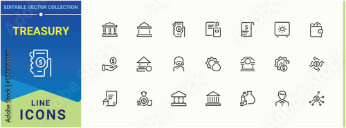 Treasury related icon. Contains related to currency, money, financial, investment, ing, pay. Bank icon set. Thin icons set. Editable stroke.