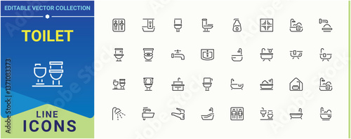 Toilet icon set. Includes thin line symbols sanitary, bath, room and more. Bathroom modern icon set. Isolated icons. Editable vector art.