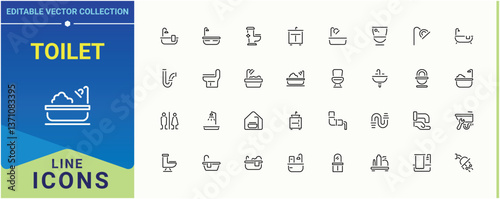Toilet icon set. Includes thin line symbols sanitary, bath, room and more. Bathroom modern icon set. Isolated icons. Editable vector art.