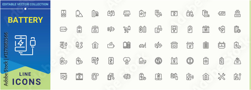 Battery icon set. Featuring electricity, energy, power, charger, batteries, charging, charge and more. Set of line pictogram. Energy vector icon set. Pixel perfect. Editable vector.