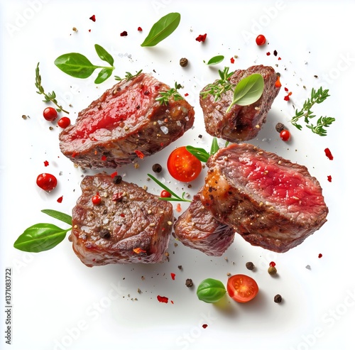 Juicy Meat Cubes Garnished With Herbs and Spices Ready for Delicious Recipes