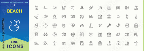 Beach related icon set. Contains such symbols as river, sun, sea, vacation and more. Thin web icons. Beach modern icon. Editable vector art and illustration.