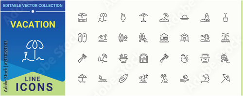 Vacation line icon set. Related to sea, river, summer, sun and more. Beach vector icon set. Set of line pictogram. Editable vector art and illustration.