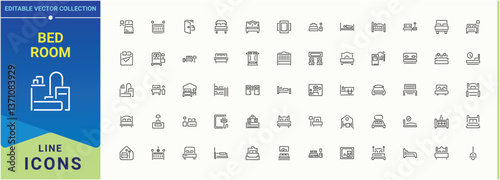 Bed Room vector line icon set. Contains related to bedchamber, furniture, bed, house, couch, living and more. Trendy minimal icons. Room icon set. Editable vector stroke.