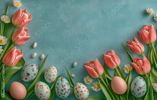 Colorful Easter Eggs and Tulips Arranged on a Teal Background for Spring Cele...