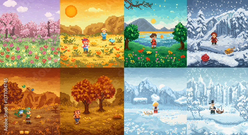 Pixelated Seasons Quilt: A Retro Journey Through Spring, Summer, Autumn, and Winter