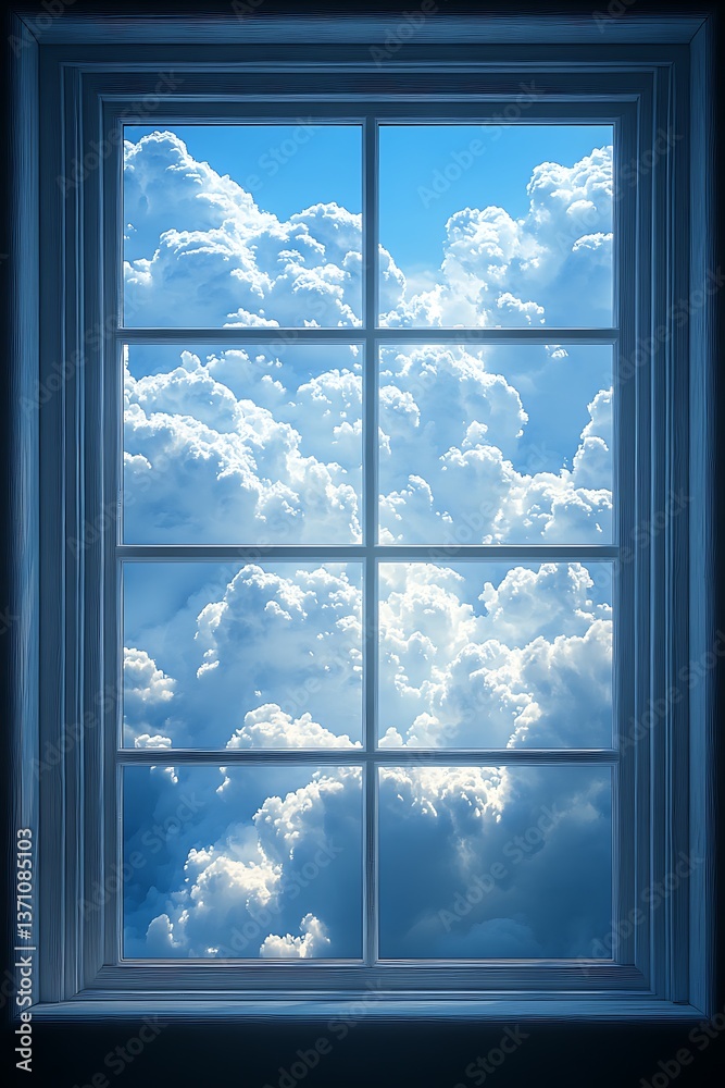 An interior window viewing a bright blue sky and white clouds An interior window viewing a bright blue sky and white clouds