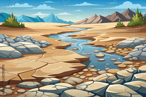 dry riverbed with smooth stones and cracked earth desert landscape, Highly detailed vector illustration