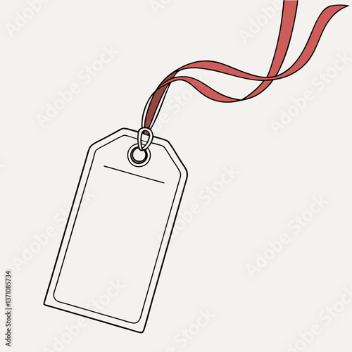 Empty gift tag with red ribbon on a neutral background  