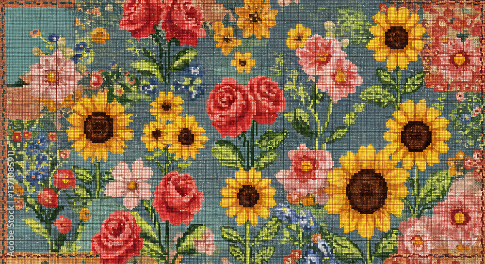 Charming pixel art quilt pattern with vibrant floral motifs, digital artwork Charming pixel art quilt pattern with vibrant floral motifs, digital artwork
