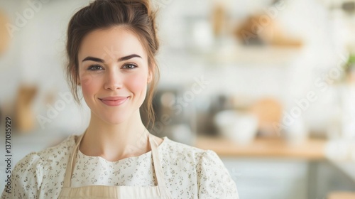 Woman smiling in the kitchen while wearing an apron