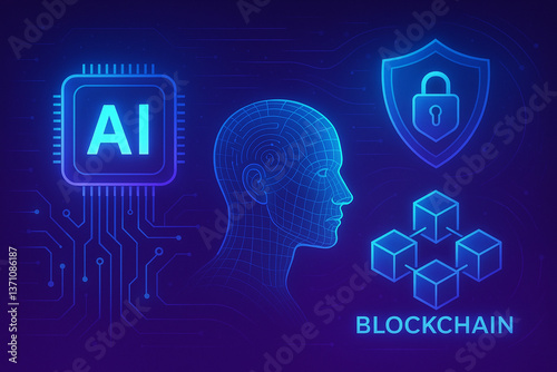 Neon illustration of AI, blockchain, and cybersecurity with microchip, grid head, chain blocks, and shield on circuitry background