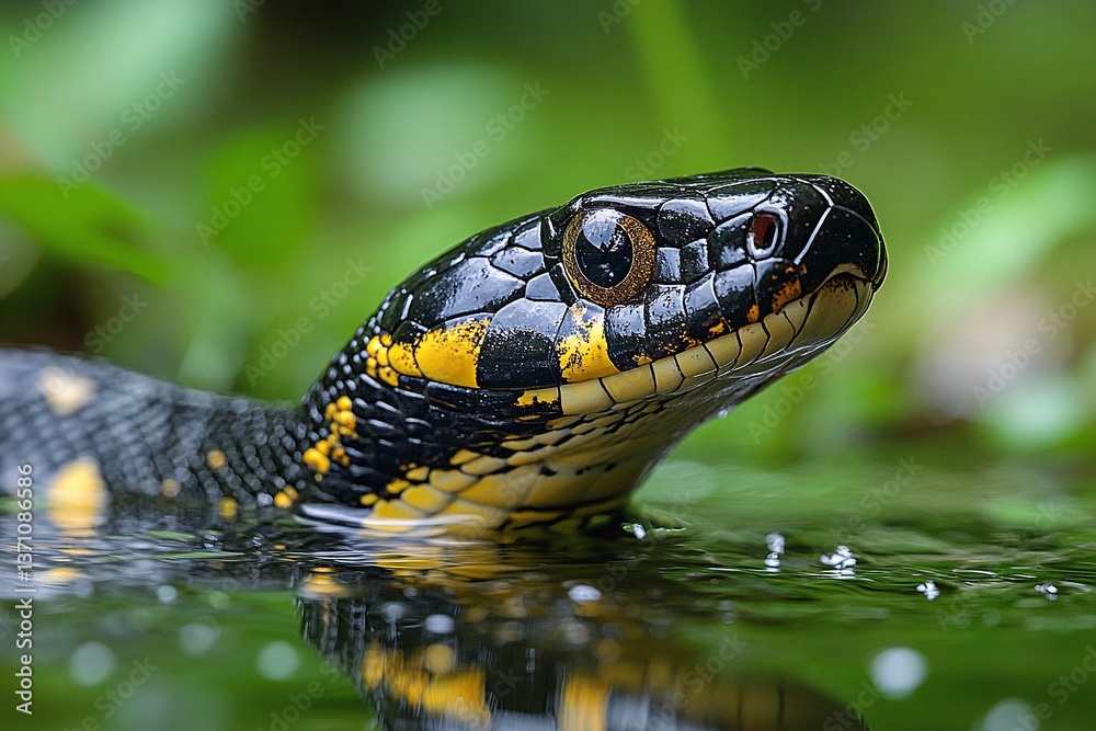 Obraz premium Close-up of a black and yellow snake's head emerging from the water. The snake's scales and eye are in sharp focus, with a blurred green background.