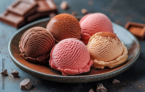 Delicious Assortment of Ice Cream Scoops Served on a Plate With Chocolate and...