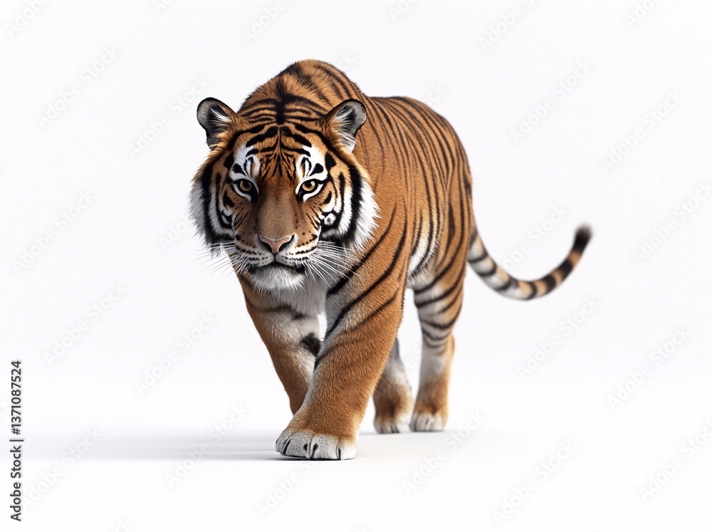Obraz premium Majestic tiger walks confidently on a white background showcasing its powerful physique and striking appearance