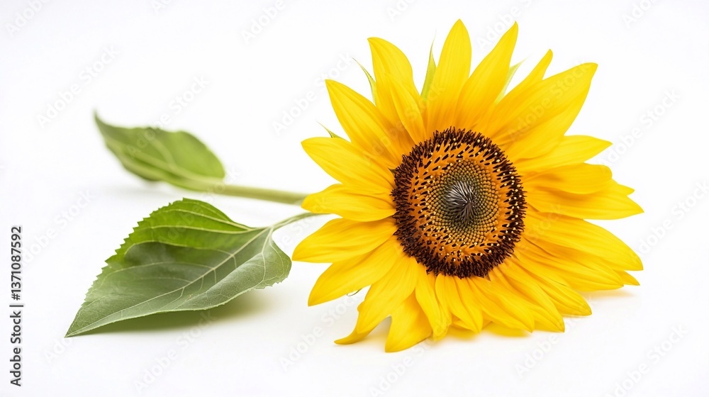 Obraz premium Bright sunflower with vibrant yellow petals and green leaves resting on a white background