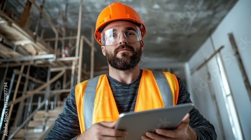 A conscientious construction worker holds a tablet, demonstrating a blend of modern technology and traditional craftsmanship in a bustling and organized building environment.