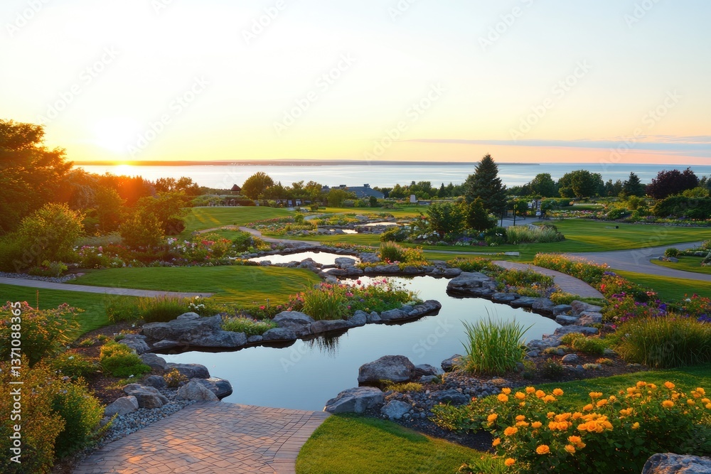 Serene garden with ponds, flowers, paths, and a golden sunset over a distant body of water Serene garden with ponds, flowers, paths, and a golden sunset over a distant body of water