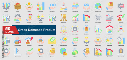 A collection of flat Gross Domestic Product icons. Includes revenue, inflation, GDP growth, fiscal policy, market trends, and more. Perfect for illustrations and designs.