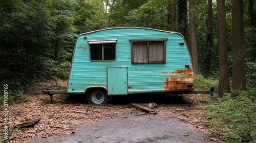 The image features an old, turquoise camper trailer nestled in a dense forest, showcasing nature's reclaiming of a once-traveled space with rust and overgrown foliage.