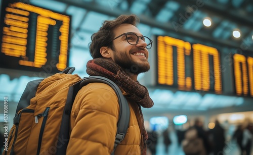 Young Traveler Admires Departure Board at Busy Airport Terminal Filled With T...