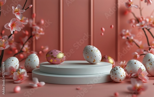 Colorful Easter Eggs With Blossoms Arranged on a Display Backdrop