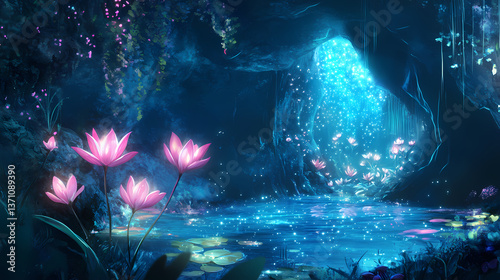 Enchanted underwater cave: luminescent flora in a submerged grotto. Hidden Luminescence. Illustration