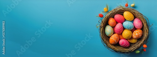 Colorful Easter Eggs in a Basket Surrounded by Flowers on a Blue Background