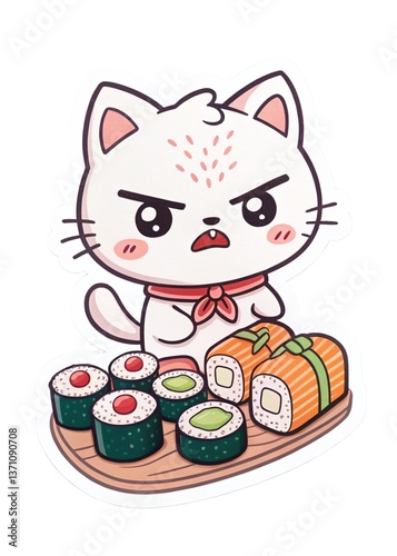 sushi sticker, cute cat, kawaii food, sushi cat, Japanese food, adorable sticker, cartoon cat, chibi style, food illustration, funny cat, sushi lover, washi sticker, hand-drawn, digital sticker, playf photo