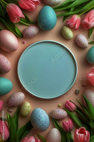 Colorful Easter Eggs and Flowers Arranged Beautifully on a Soft Background