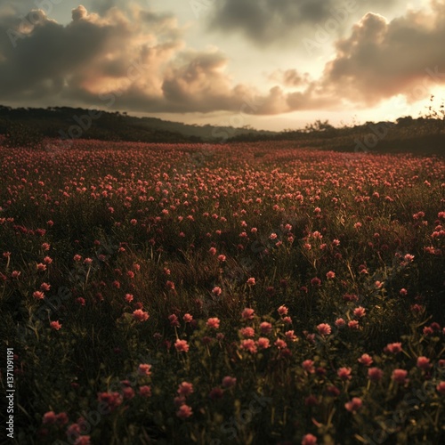 Wallpaper Mural Field full of pink flowers with a cloudy sky in the background, suitable for nature or spring-themed projects Torontodigital.ca