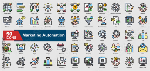 Marketing Automation lineal icons featuring automation, CRM, email marketing, customer retention, analytics, chatbot, and more. Perfect for illustration and design.