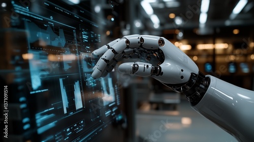 A high-tech robotics lab where a robot's hand interacts with holographic interface, analyzing real-time performance data of new devices