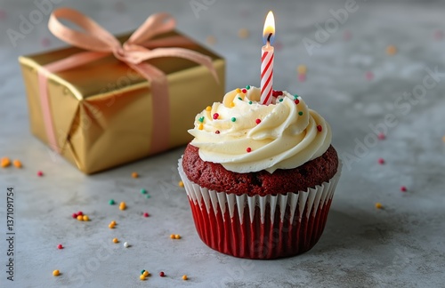 Red Velvet Cupcake With Candle and Gift Box for Birthday Celebration