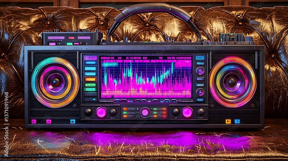 Retro futuristic boombox with vibrant lights and display Retro futuristic boombox with vibrant lights and display
