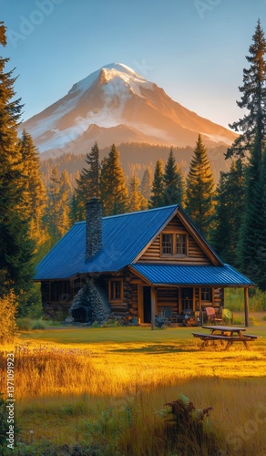 Charming Log Cabin at Sunset With Mountain Silhouette in the Background