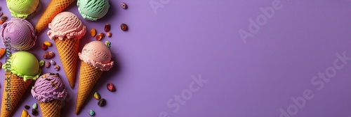 Colorful Ice Cream Cones Arranged on a Purple Background in a Delightful Summ...