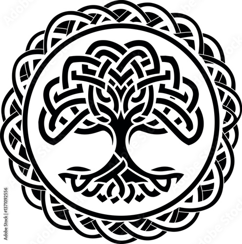 Celtic knot Yggdrasil tree with roots vector, tree of life silhouette, round shape, decorative magical symbol of rebirth, isolated on white background, vector illustration. 