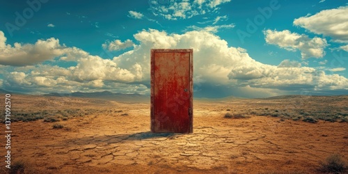 A lone red door sits amidst the sandy dunes of the desert