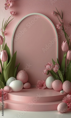 Vibrant Pink Tulips in a White Vase With Pastel Eggs for Spring Decoration