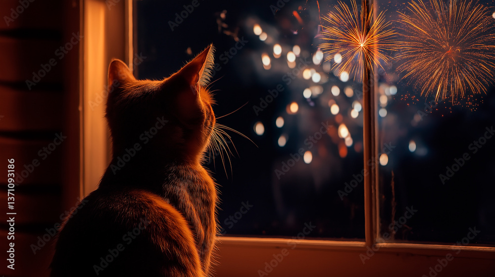 cat looking out of the window at the fireworks