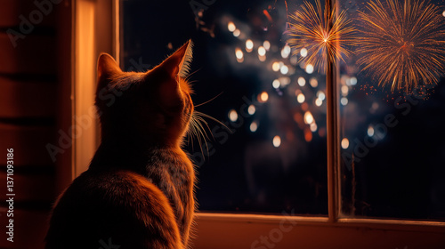 Obraz na płótnie cat looking out of the window at the fireworks w salonie
