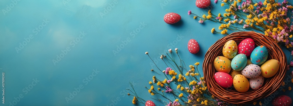 Colorful Easter Eggs in a Basket Surrounded by Flowers on a Blue Background