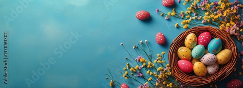 Obraz na płótnie Colorful Easter Eggs in a Basket Surrounded by Flowers on a Blue Background w salonie