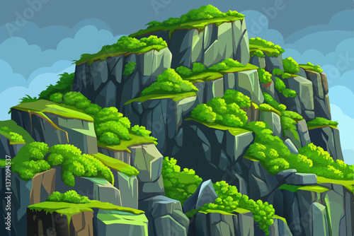 steep rugged cliffs covered with vibrant green moss growing abundantly in crevices, earthy rock surfaces landscape illustration