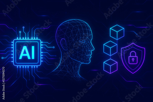 Futuristic digital art showcasing AI, blockchain, and cybersecurity themes with neon blue and purple tones